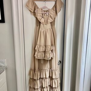 Elegant Tan Ruffle Maxi Dress